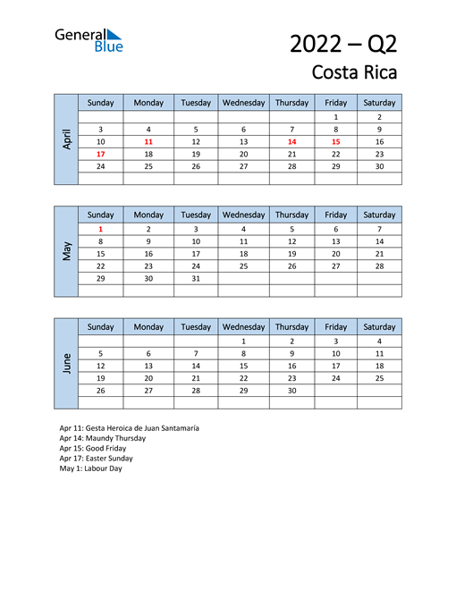  Free Q2 2022 Calendar for Costa Rica