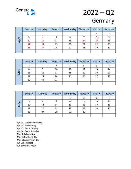  Free Q2 2022 Calendar for Germany