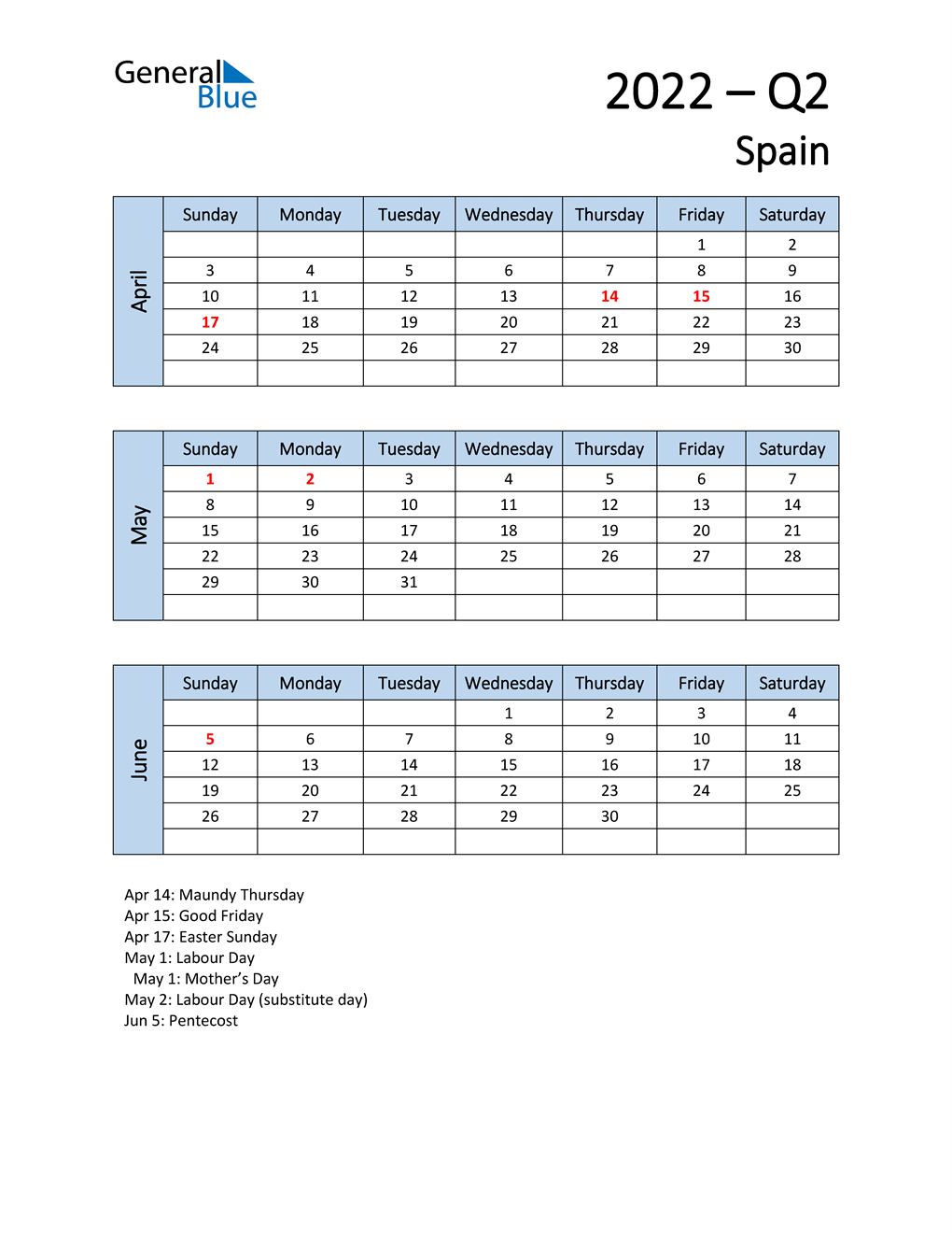 Free Q2 2022 Calendar for Spain