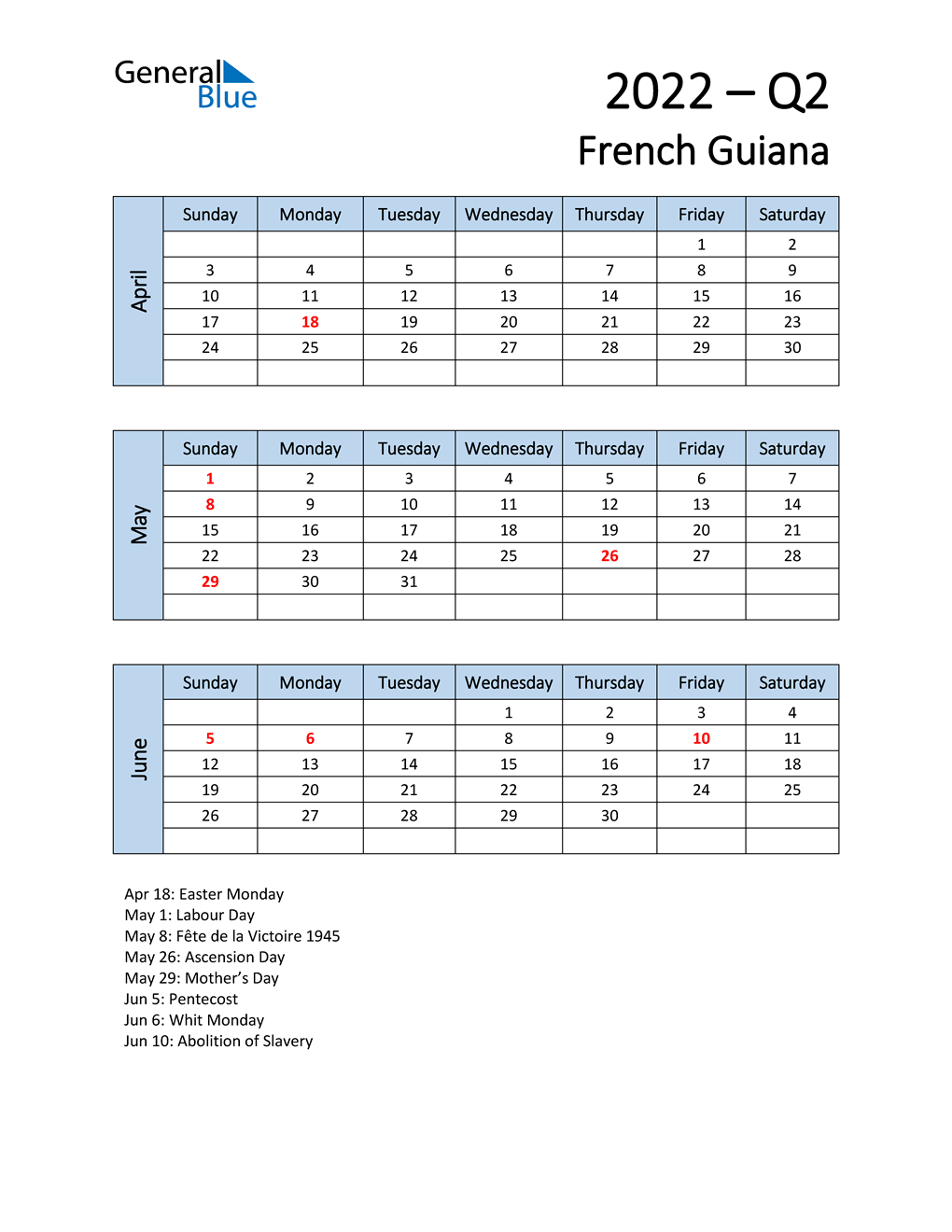  Free Q2 2022 Calendar for French Guiana