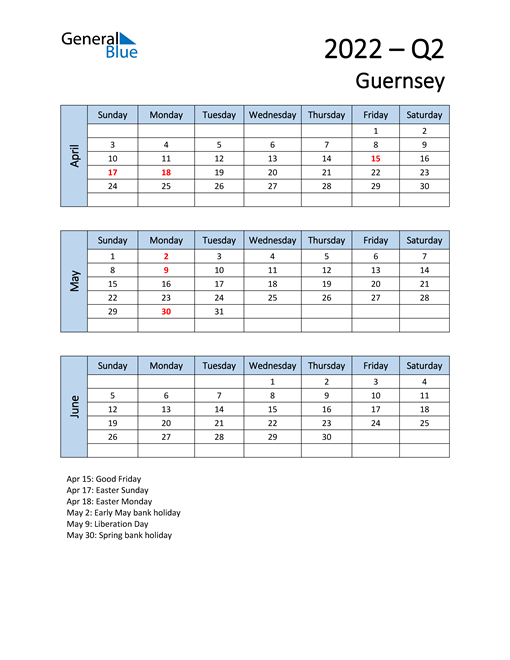  Free Q2 2022 Calendar for Guernsey