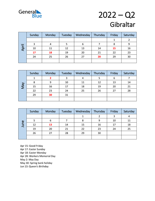  Free Q2 2022 Calendar for Gibraltar