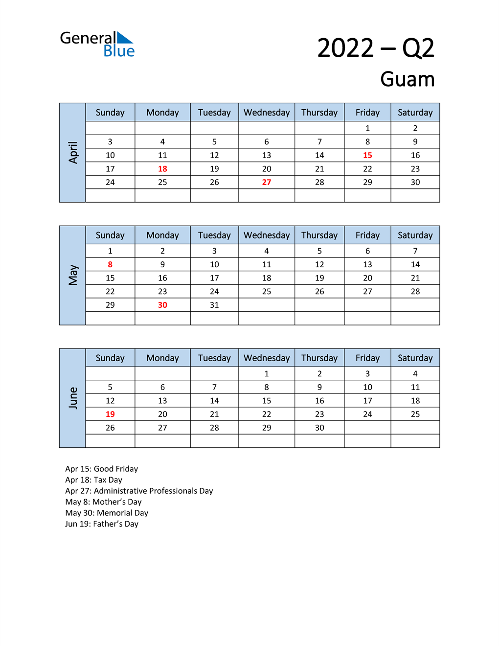  Free Q2 2022 Calendar for Guam