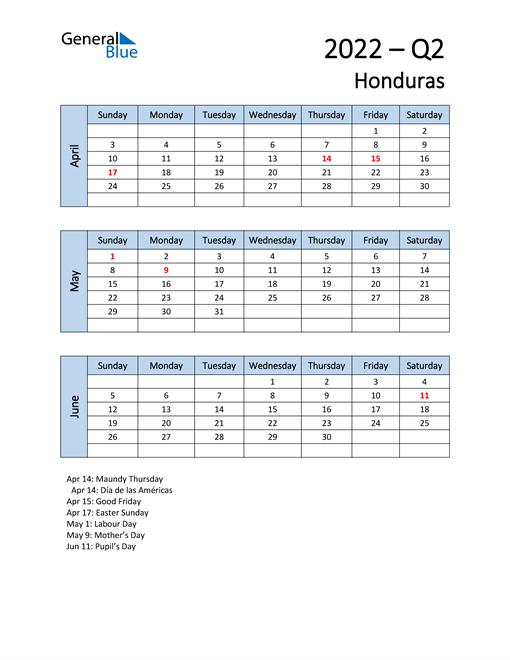  Free Q2 2022 Calendar for Honduras