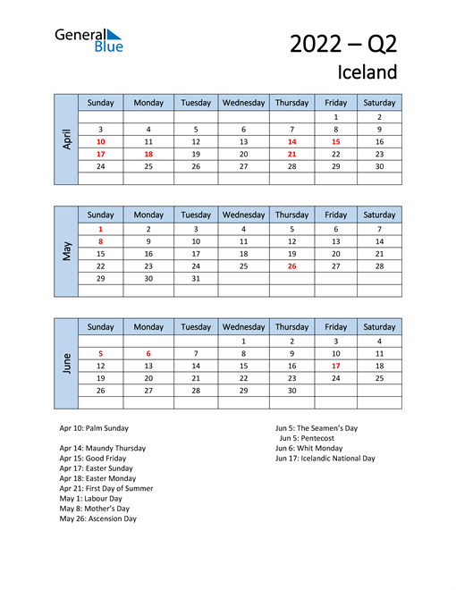  Free Q2 2022 Calendar for Iceland