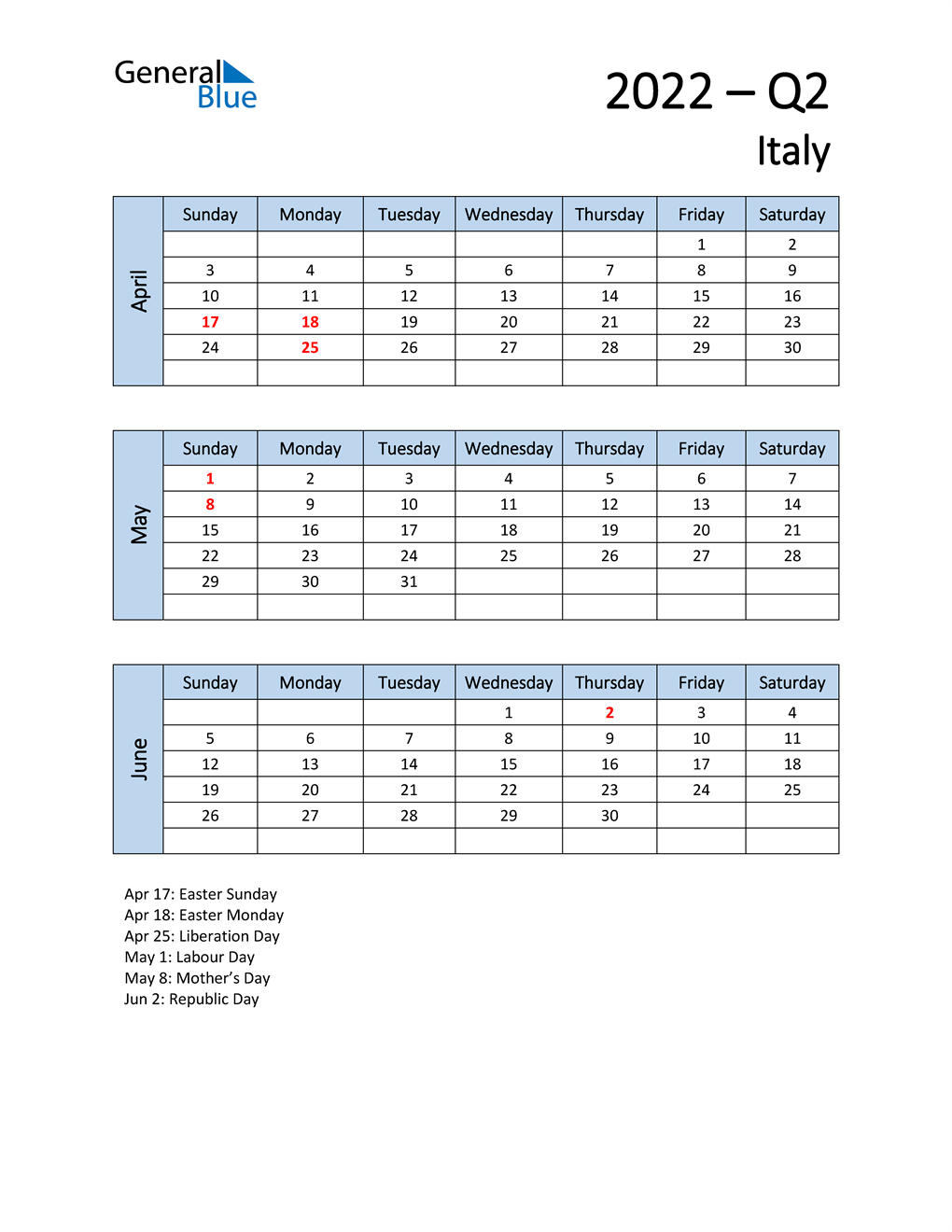  Free Q2 2022 Calendar for Italy