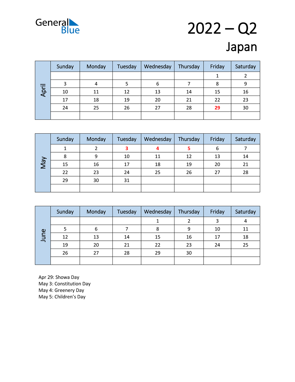  Free Q2 2022 Calendar for Japan