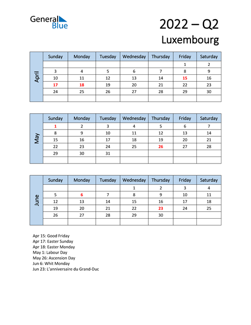  Free Q2 2022 Calendar for Luxembourg