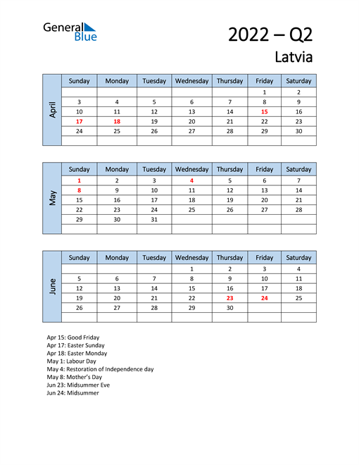  Free Q2 2022 Calendar for Latvia