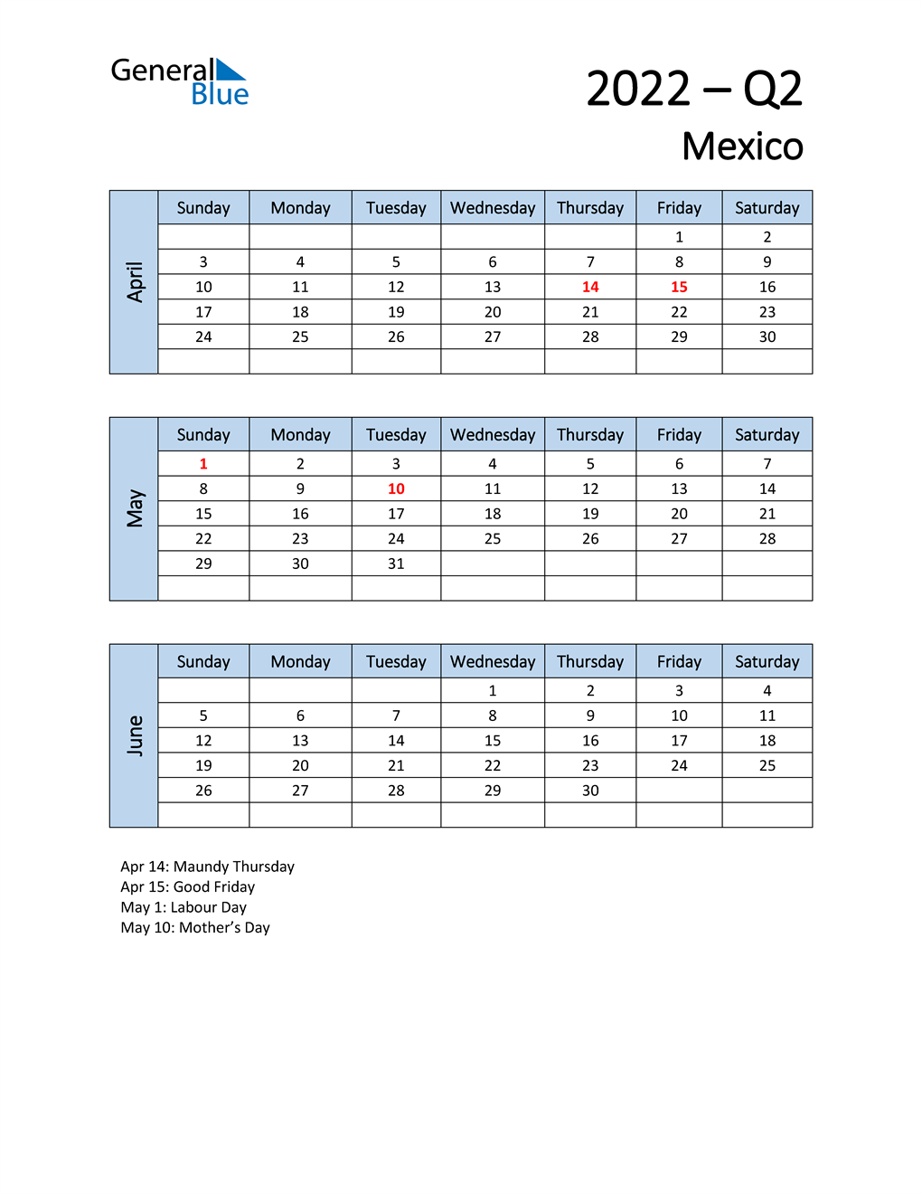  Free Q2 2022 Calendar for Mexico