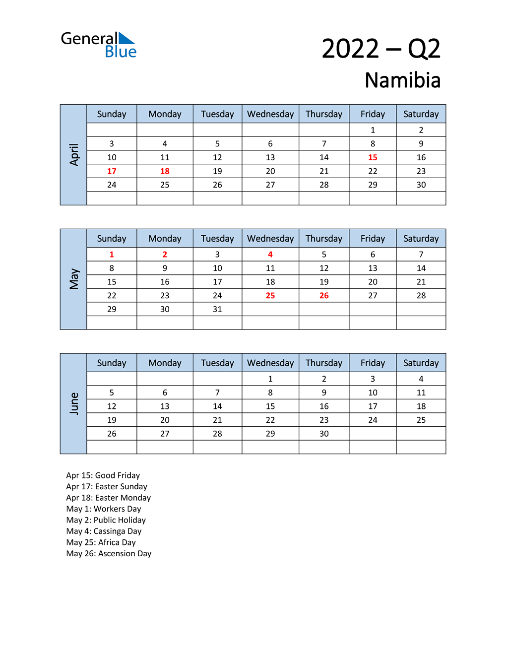 q2 2022 quarterly calendar for namibia