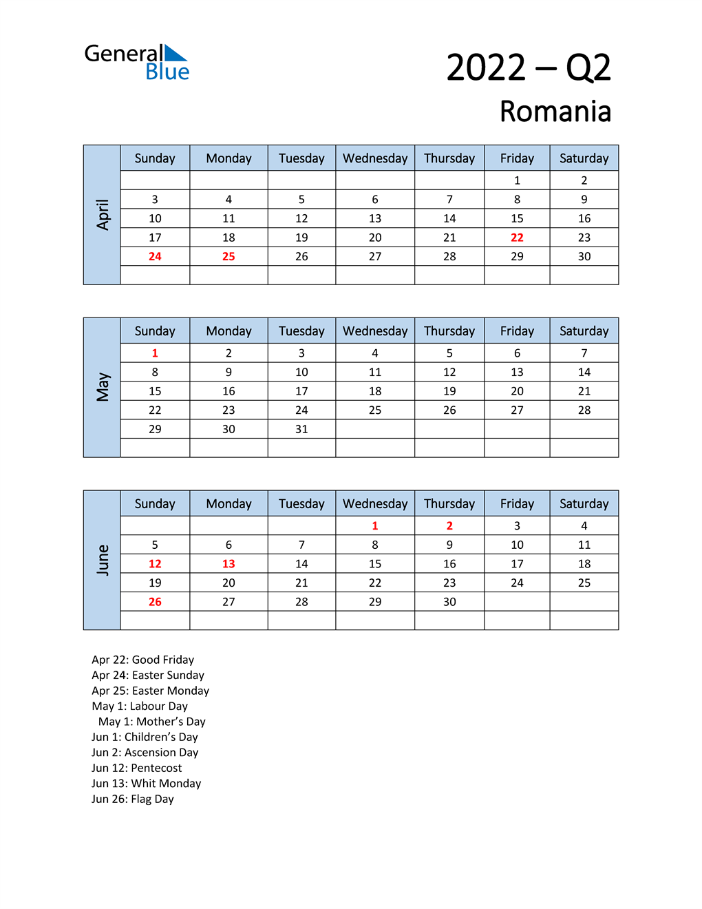  Free Q2 2022 Calendar for Romania