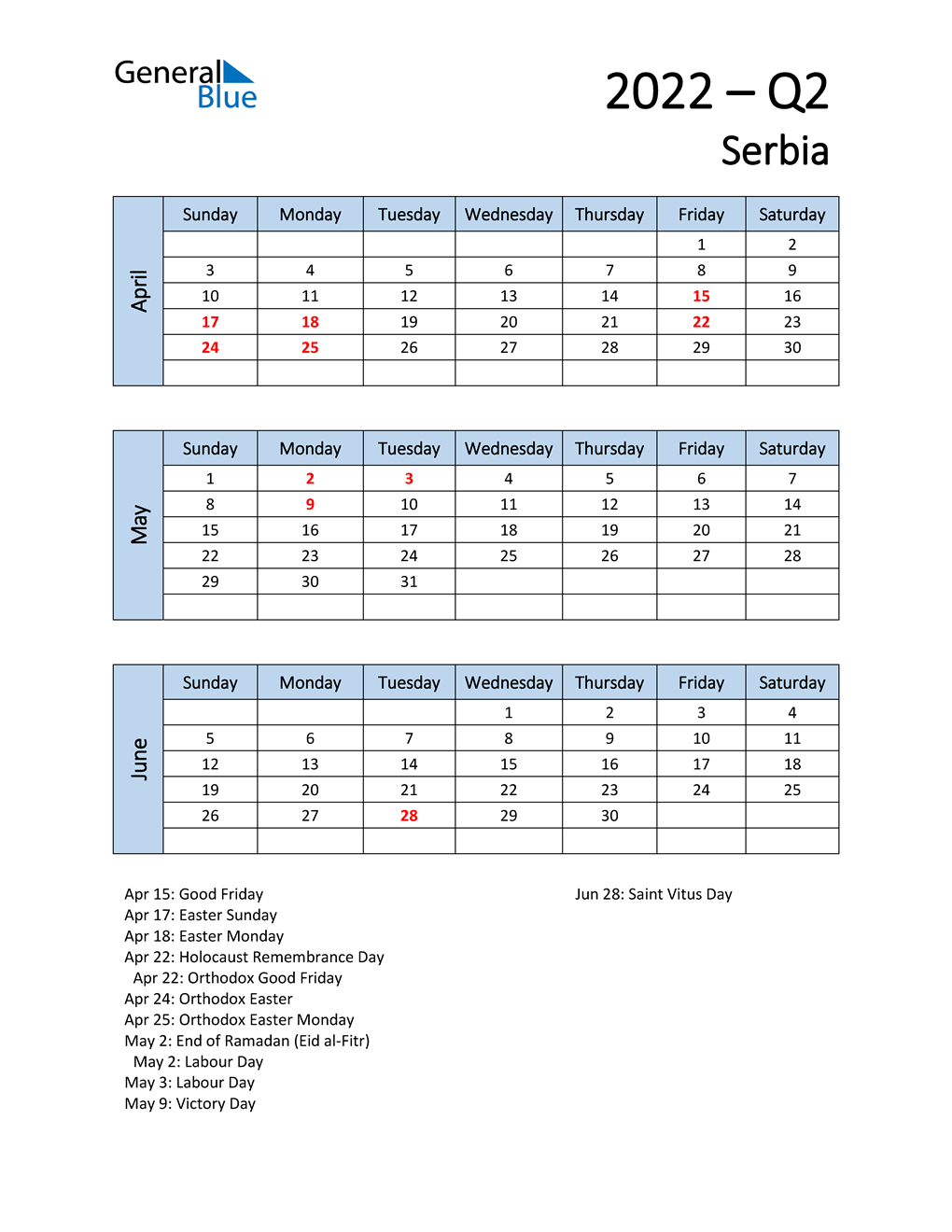  Free Q2 2022 Calendar for Serbia