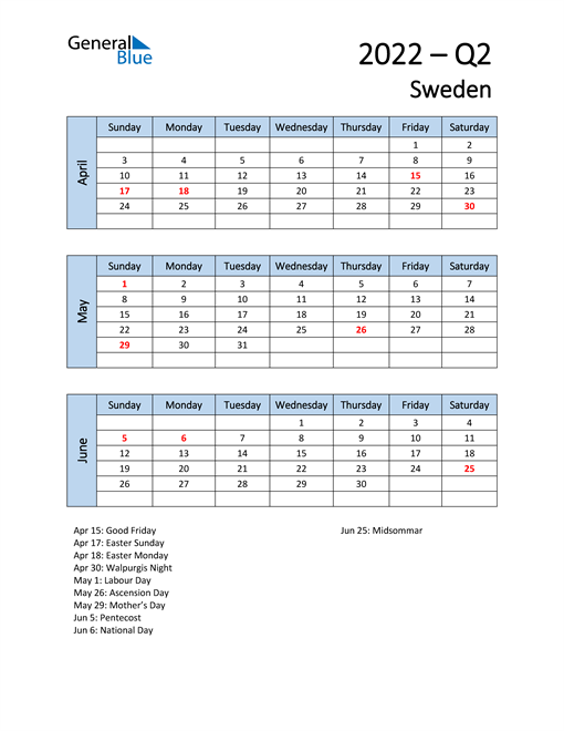  Free Q2 2022 Calendar for Sweden