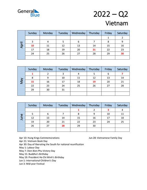  Free Q2 2022 Calendar for Vietnam