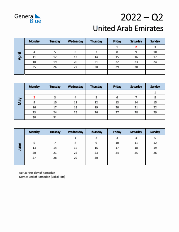 Free Q2 2022 Calendar for United Arab Emirates - Monday Start