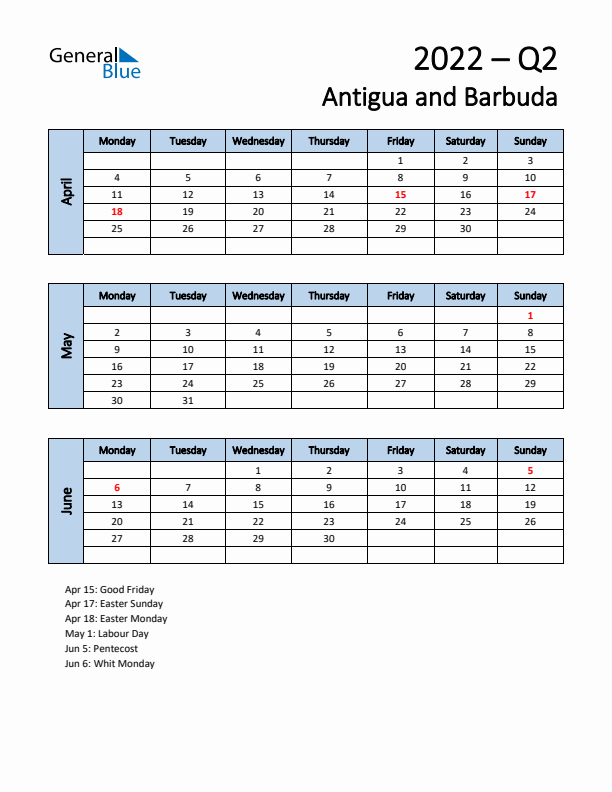 Free Q2 2022 Calendar for Antigua and Barbuda - Monday Start