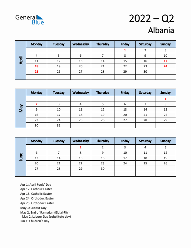 Free Q2 2022 Calendar for Albania - Monday Start