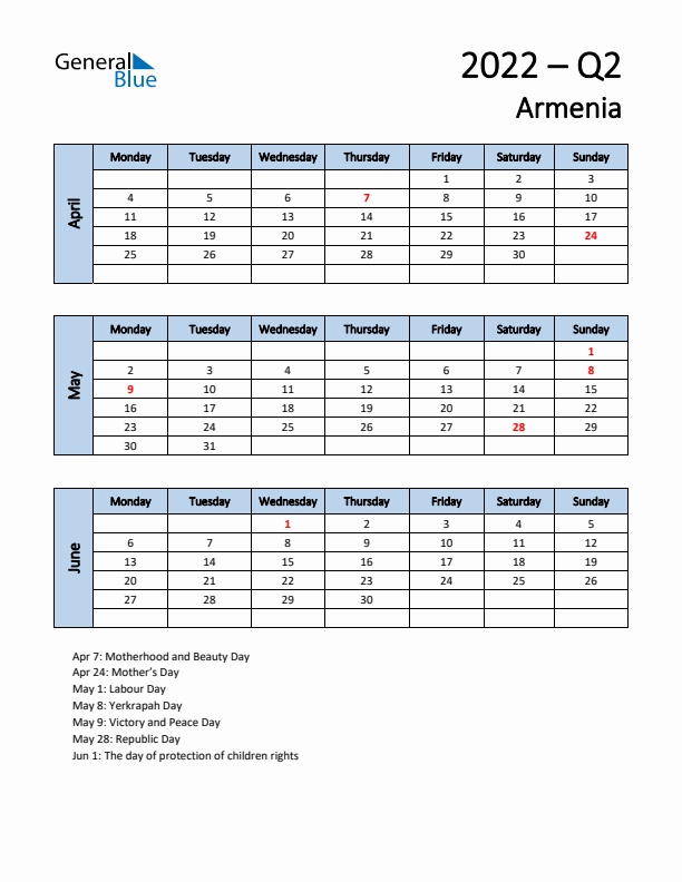 Free Q2 2022 Calendar for Armenia - Monday Start