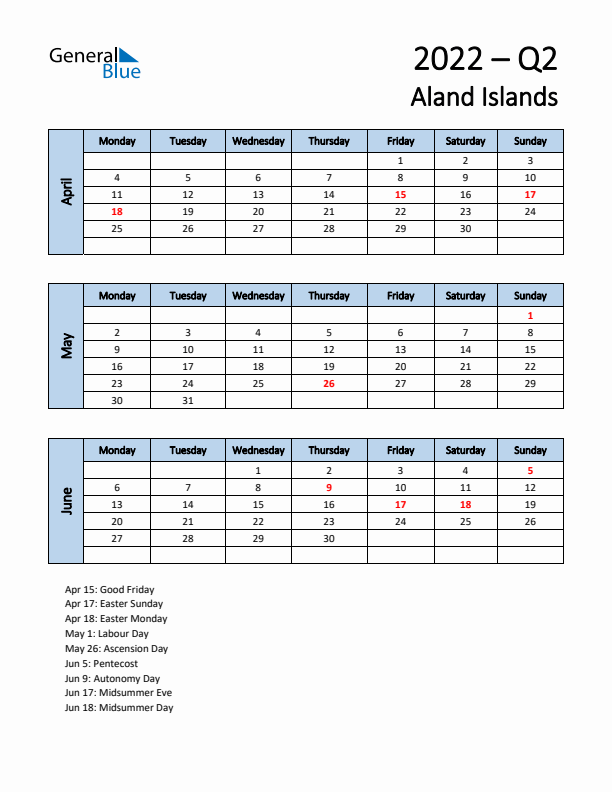 Free Q2 2022 Calendar for Aland Islands - Monday Start