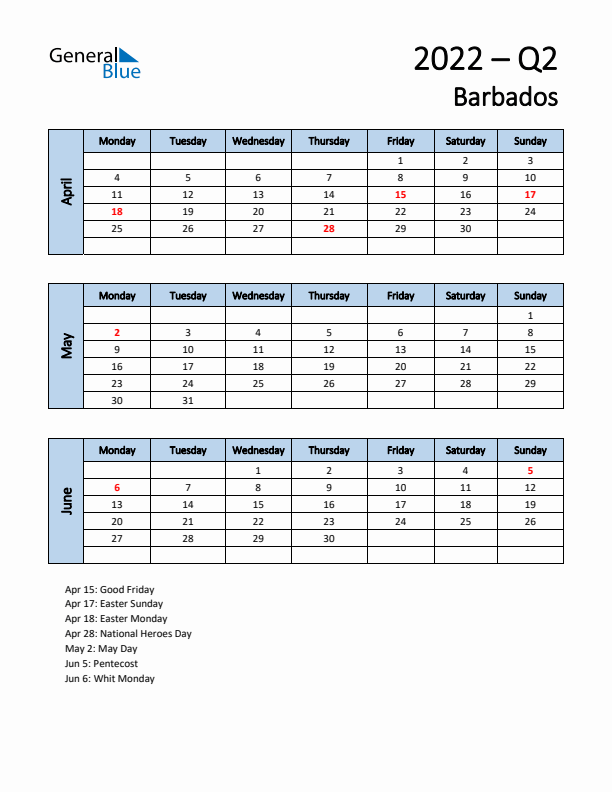 Free Q2 2022 Calendar for Barbados - Monday Start