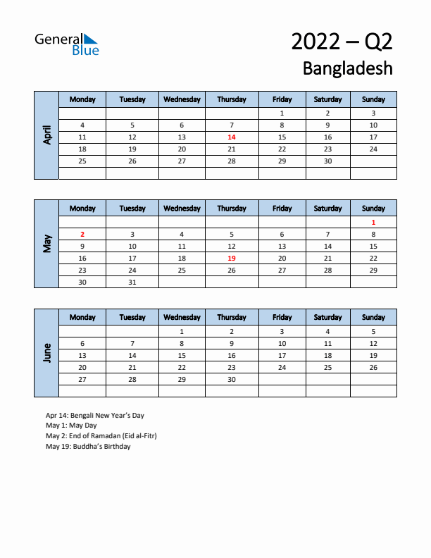Free Q2 2022 Calendar for Bangladesh - Monday Start