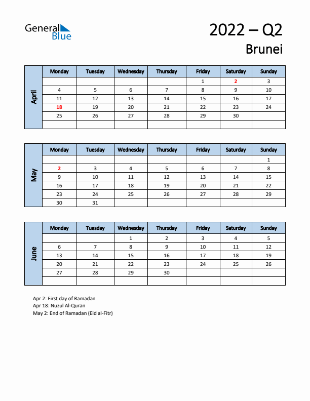 Free Q2 2022 Calendar for Brunei - Monday Start