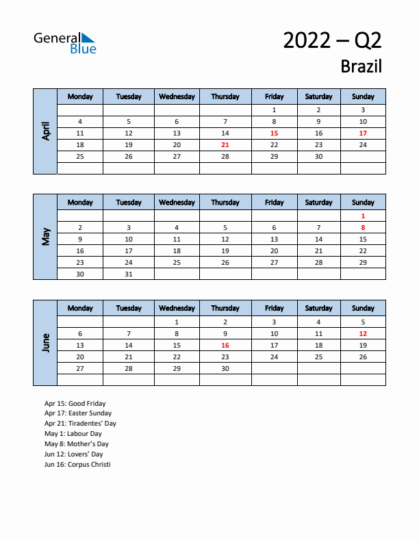 Free Q2 2022 Calendar for Brazil - Monday Start