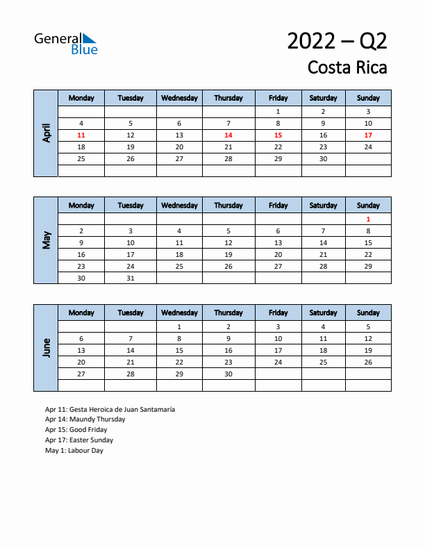 Free Q2 2022 Calendar for Costa Rica - Monday Start