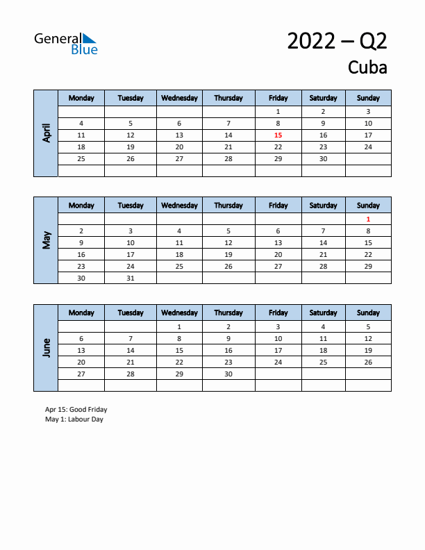 Free Q2 2022 Calendar for Cuba - Monday Start