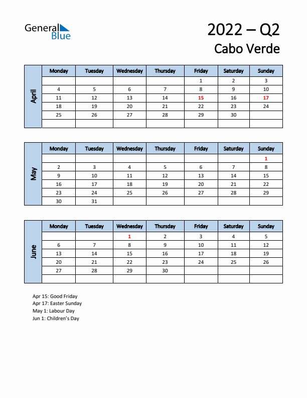 Free Q2 2022 Calendar for Cabo Verde - Monday Start