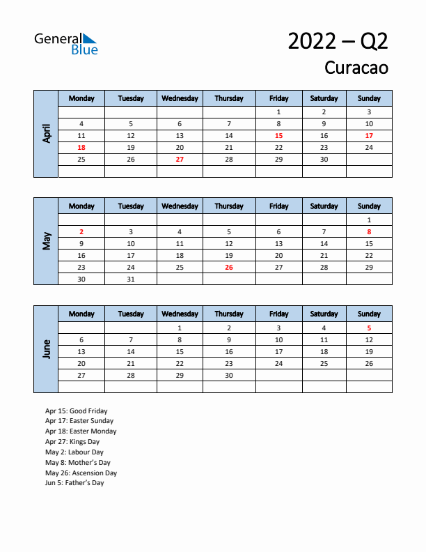 Free Q2 2022 Calendar for Curacao - Monday Start