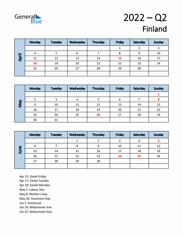 Free Q2 2022 Calendar for Finland - Monday Start