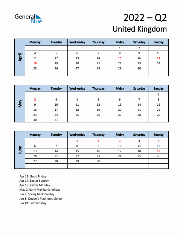 Free Q2 2022 Calendar for United Kingdom - Monday Start