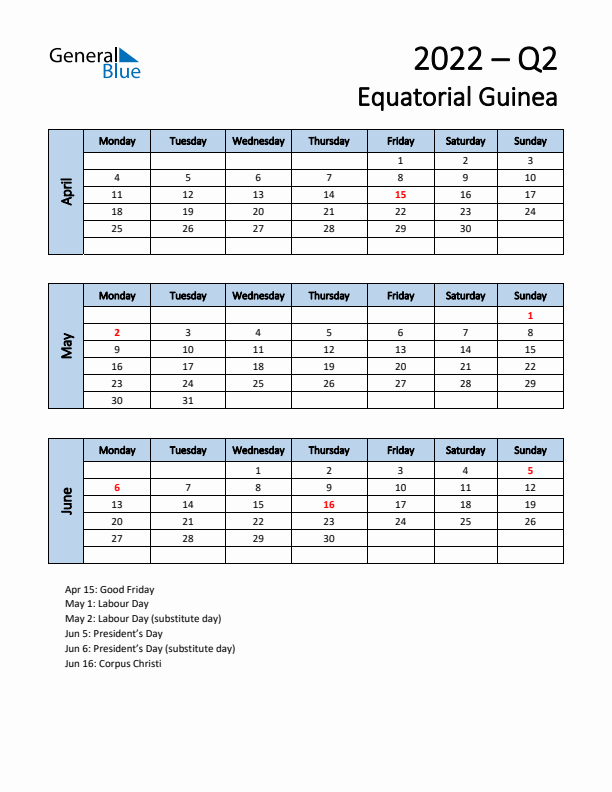 Free Q2 2022 Calendar for Equatorial Guinea - Monday Start