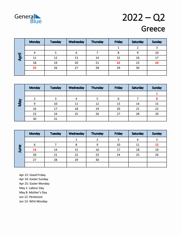 Free Q2 2022 Calendar for Greece - Monday Start
