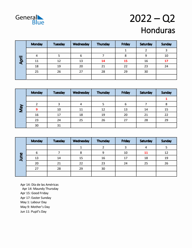 Free Q2 2022 Calendar for Honduras - Monday Start