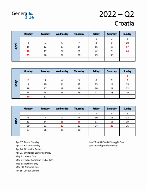 Free Q2 2022 Calendar for Croatia - Monday Start