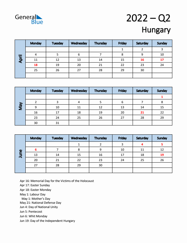 Free Q2 2022 Calendar for Hungary - Monday Start