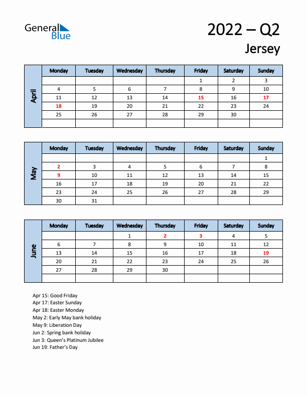 Free Q2 2022 Calendar for Jersey - Monday Start