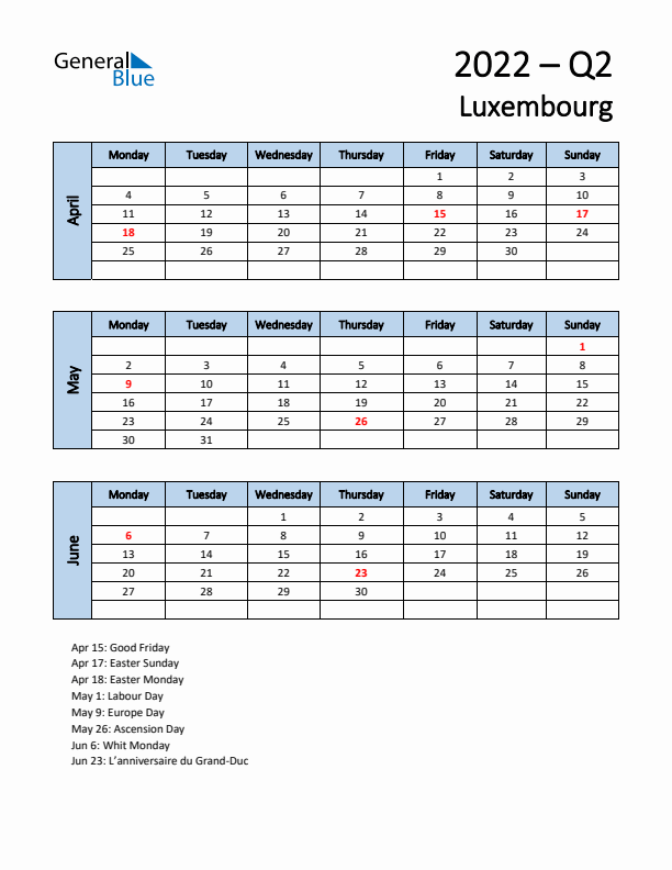 Free Q2 2022 Calendar for Luxembourg - Monday Start