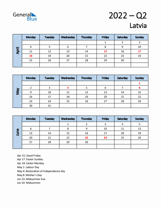 Free Q2 2022 Calendar for Latvia - Monday Start