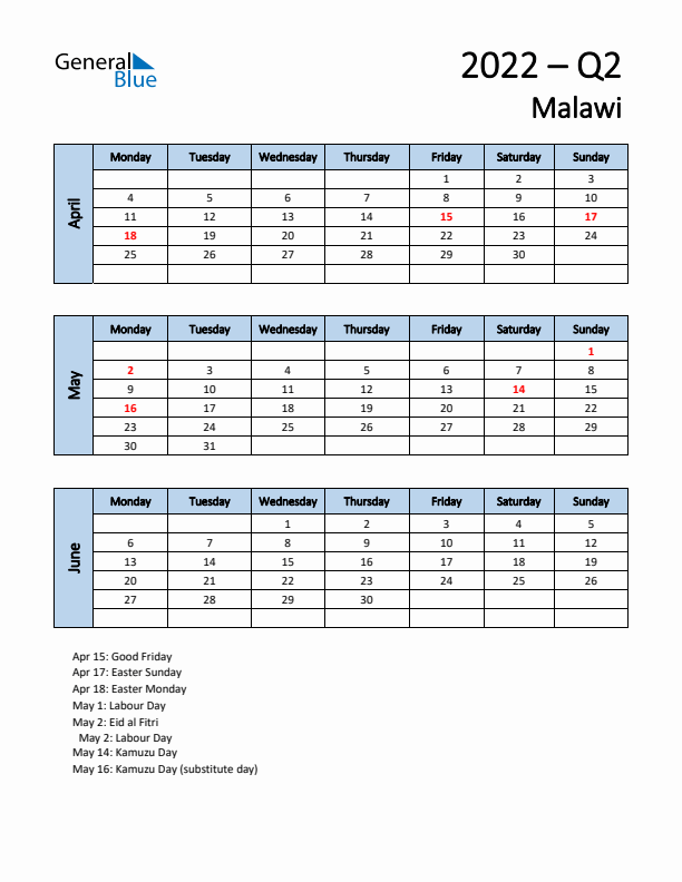 Free Q2 2022 Calendar for Malawi - Monday Start