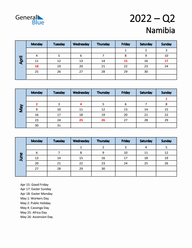 Free Q2 2022 Calendar for Namibia - Monday Start