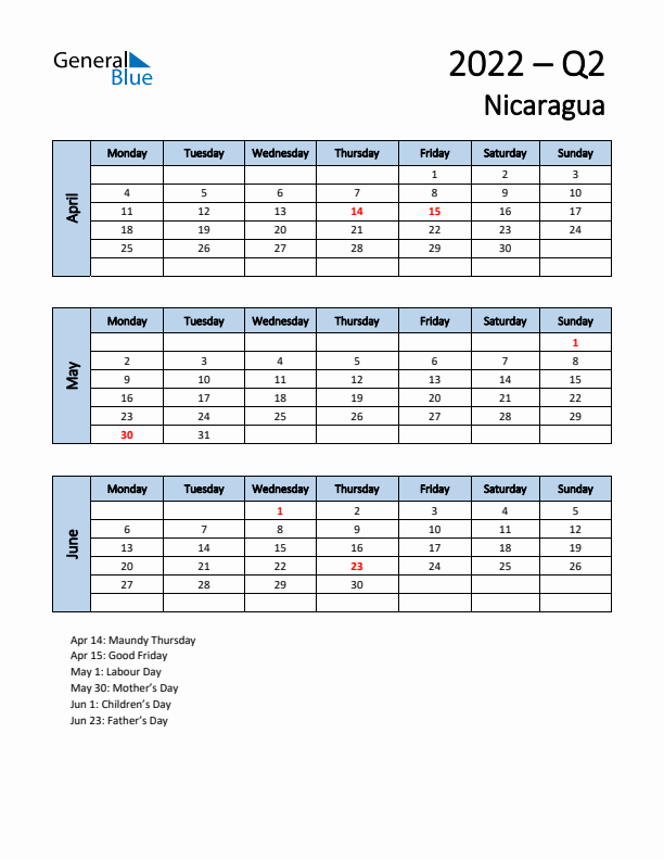 Free Q2 2022 Calendar for Nicaragua - Monday Start