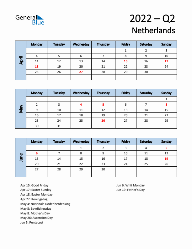 Free Q2 2022 Calendar for The Netherlands - Monday Start