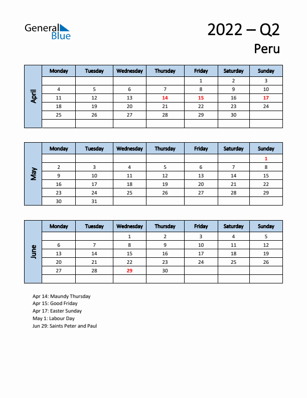 Free Q2 2022 Calendar for Peru - Monday Start