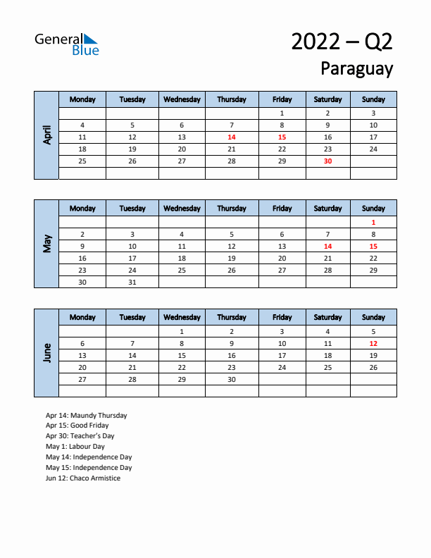 Free Q2 2022 Calendar for Paraguay - Monday Start