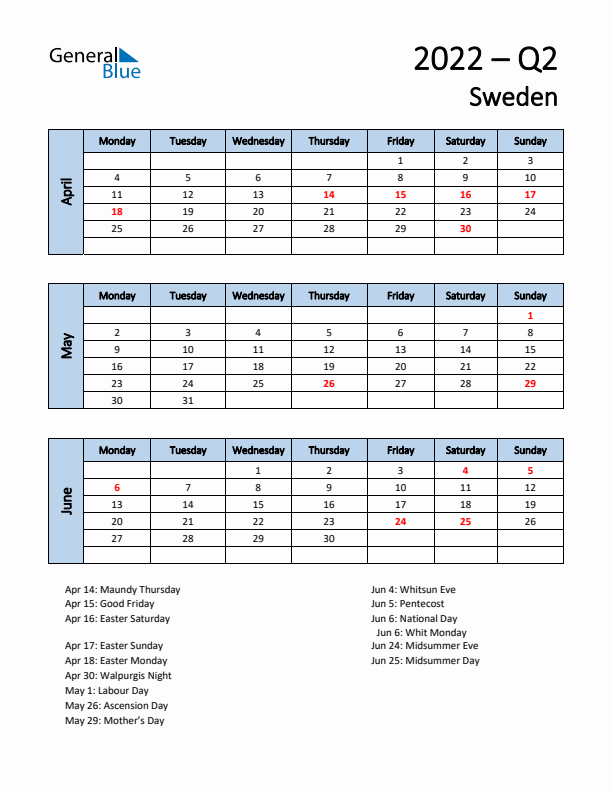 Free Q2 2022 Calendar for Sweden - Monday Start
