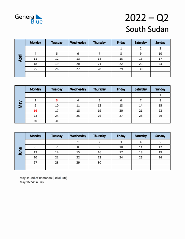 Free Q2 2022 Calendar for South Sudan - Monday Start